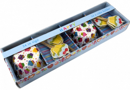 Set 24 invelitori decorative pentru briose + 24 minitoppers - "Colorfull cupcakes"