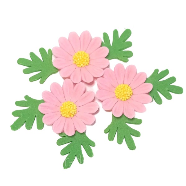 Decoratiuni comestibile din zahar - set 3 flori + 6 frunze - Musetel - ROZ