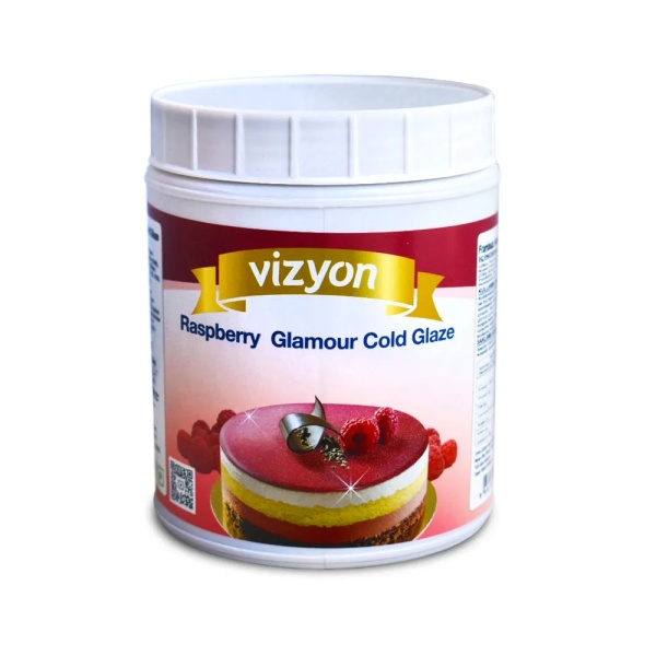 Glazură la rece Glamour cu aromă de zmeură – Vizyon 1 kg | Finisaj lucios colorat pentru torturi și deserturi moderne