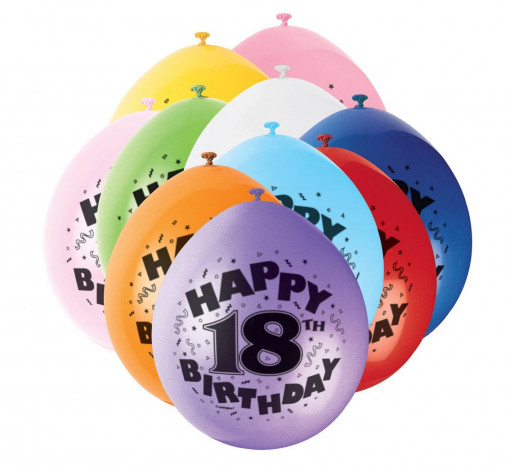 Set 10 baloane latex 23 cm - "Happy 18th Birthday", mix de culori