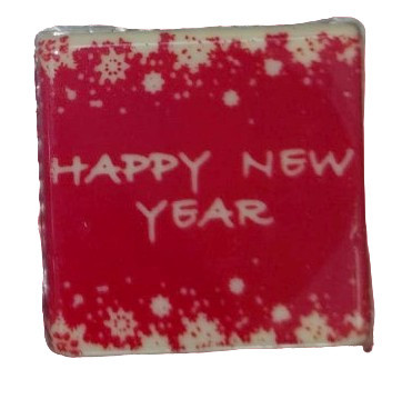 Decoratiuni din ciocolata - patrat alb/rosu "Happy New Year" - cutie 288 buc