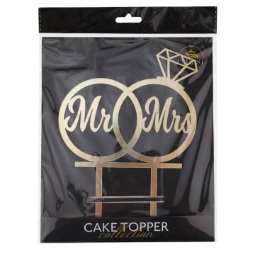 Cake Topper „Mr & Mrs” cu inele – Auriu/Argintiu – 16 x 22 cm – Dharst