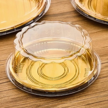 Cutie pentru tort rotundă – bază aurie + capac transparent – Ø28 × 8 cm