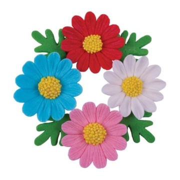 Decoratiuni comestibile din zahar - set 3 flori + 6 frunze - Musetel - ROZ