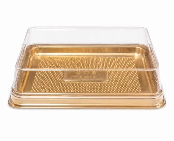 set 50 buc - Cutie pentru tort dreptunghiulara – bază aurie + capac transparent – 31 x 31 × 8 cm