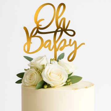 Topper tort Oh Baby auriu din acril pentru botez și baby shower - tomvalk.ro