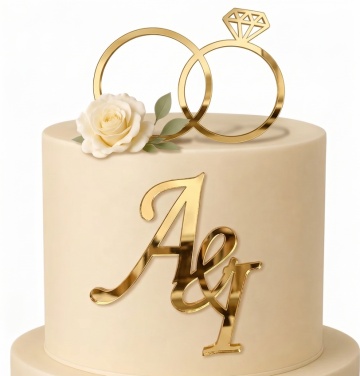 Set topper pentru tort de nuntă – Verighete și Monogramă Personalizată