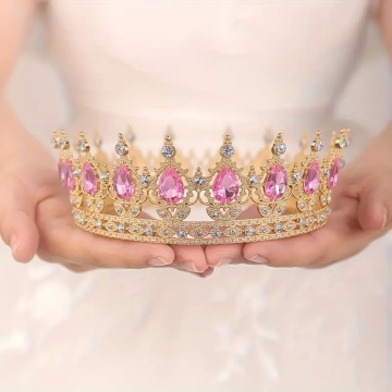 Coronita aurie din metal cu perle roz deschis