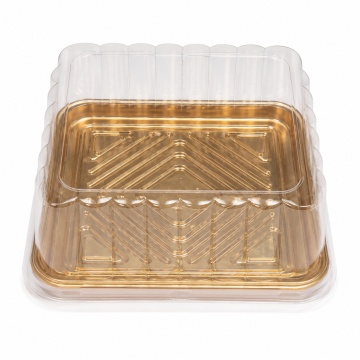 Set 50 - Cutie pentru tort patrata – bază aurie + capac transparent – 24,5 x 24,5 × 8,5 cm
