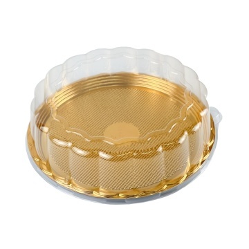 Cutie pentru tort rotundă – bază aurie + capac transparent – Ø28 × 8 cm