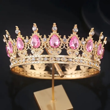 Coronita aurie din metal cu perle roz deschis