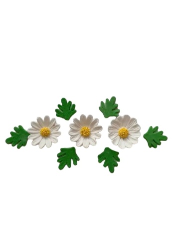 Decoratiuni comestibile din zahar - set 3 flori + 6 frunze - Musetel - ALB - Img 3