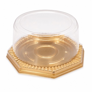 Set 50 - Cutie pentru tort hexagonala – bază aurie + capac transparent – 19 x 19 × 8,5 cm