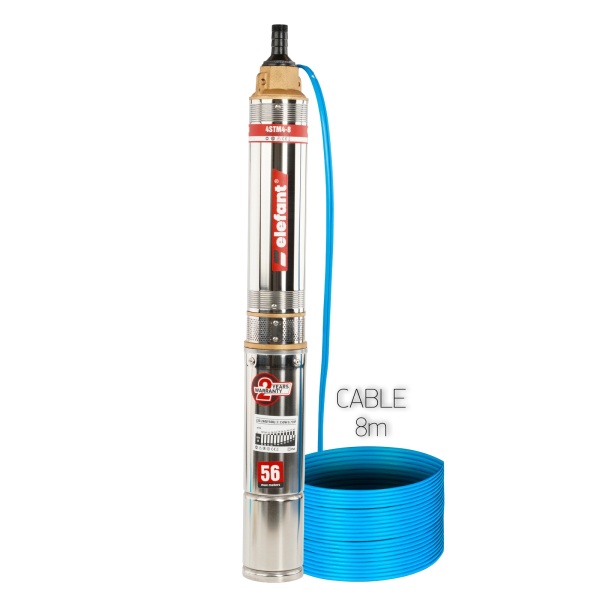 Pompă Submersibilă de adancime din Inox Elefant 4STM4-8 – Adâncime max. 56 m, Debit 5 m³/h, Bobinaj 100% Cupru
