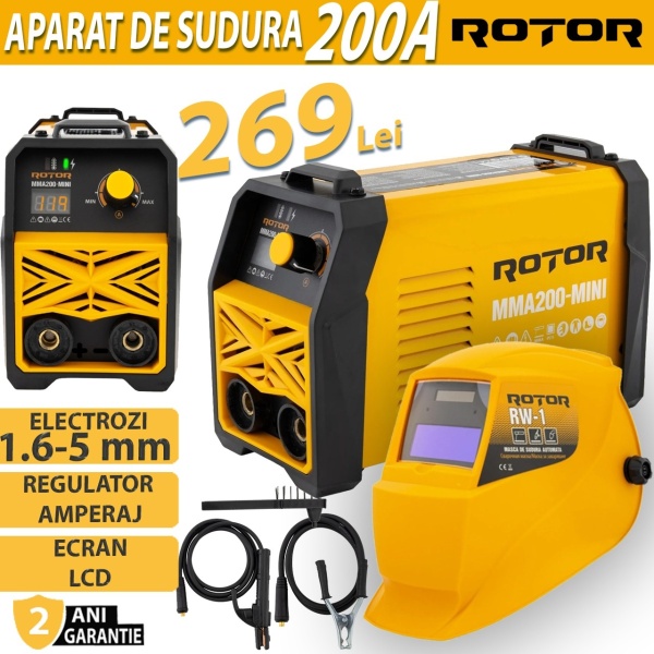 Pachet Promo: Aparat de Sudură Invertor cu afisaj color, 1.6-5mm, functie anti lipire ROTOR MMA-200A + Masca Automata
