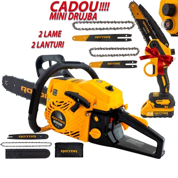 Pachet Promo: Drujbă pe Benzină 4CP Rotor, 10500 rpm, Ungere Lant Automata + CADOU Mini Drujba pe acumulator 4500 rot/min, 21V cu 2 lame 2 lanturi si sistem de ungere