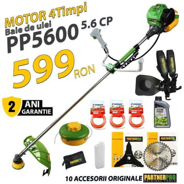 Pachet Motocoasă pe benzină PARTNER PRO PP5600 – 5.6 CP, motor in 4 timpi, 10.000 rpm + ulei motor