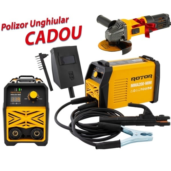 Pachet Promo: Aparat de sudura LCD Color ROTOR MMA200-MIN, 200 A + CADOU Flex ROTOR RAG600 , 600 W , 11000 RPM , 115 MM