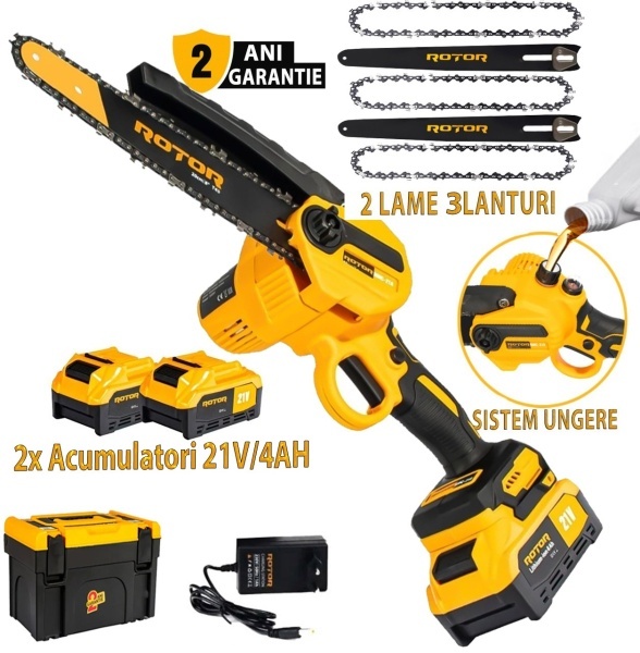 Mini fierastrau de mana cu 2 acumulatori 21V/4Ah RMC218, lama de 24cm, 2 acumulatori, 2 x lama, 3 x lanturi, sistem de ungere lant, geanta de transport