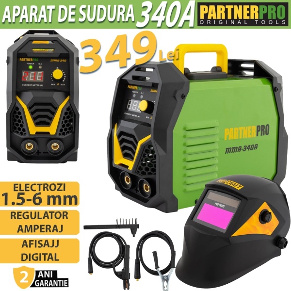 Pachet Promo: Aparat de Sudură Invertor cu afisaj color, 1.6-5mm, PARTNER MMA-340A + Masca Automata
