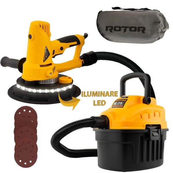 Set 2 in 1 – Slefuitor Pereti cu Led – Furtun lung de 1.5 Metri – 750W + Aspirator (Bobinaj Cupru)
