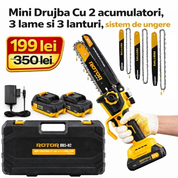 MEGA PACHET: Mini Drujba de mana cu 2 acumulatori, 3 x lame, 3 x lanturi si SISTEM DE UNGERE lant, 21V, geanta de transport inclusa