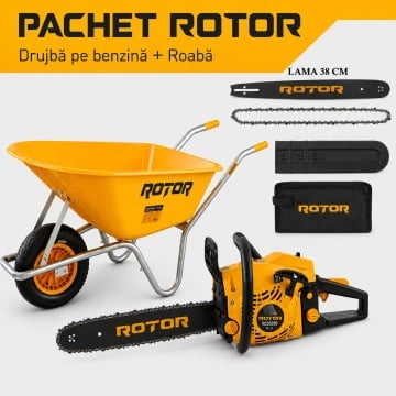 Pachet Drujbă pe Benzină 4 CP, 10.500 rpm, Lamă 38 cm, Easy Start, Mâner Anti-Vibrații, Ungere Automată + Roabă 100 L, Cadru din Oțel, Cuvă din Plastic