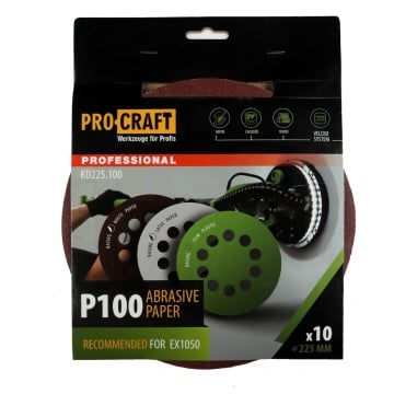 Disc abraziv pentru slefuitor cu excentric KD225.100 PROCRAFT (Set 10 buc) Diametru: 225 mm, Granulatie: P100 - Img 1