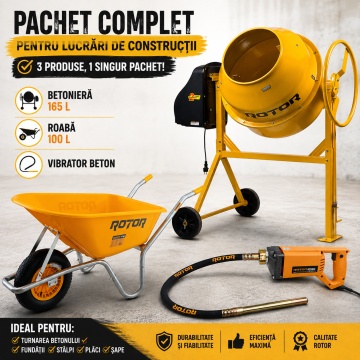 PACHET: Betonieră 165L cu motor acoperit si coroana de fonta ROTOR RB165 900 W, 29.5 rpm + ROABA 100L + CADOU Vibrator Beton 850W cu lance 1.5m inclusa