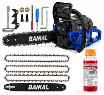 Drujba pe benzina Baikal 4 CP, 10500rpm + 3 lanturi rezerva, lama 40cm + ulei amestec + pila si accesorii montaj, ungere lant automata
