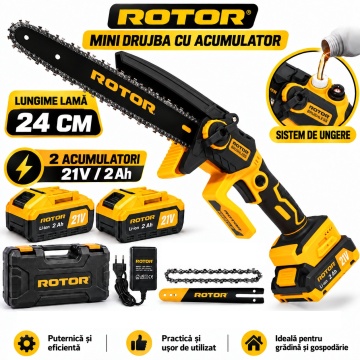 Mini drujba de mana cu 2 acumulatori Rotor RMC21-8, lama de 24cm, 2 acumulatori, sistem de ungere lant, 21V/2Ah, geanta de transport si depozitare inclusa