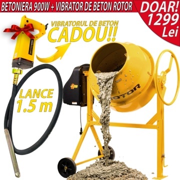 PACHET: Betonieră 165L cu motor acoperit ROTOR RB165 900 W, 29.5 rpm + CADOU Vibrator Beton 850W cu lance 1.5m inclusa