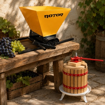 Pachet Premium: Zdrobitor manual de struguri Rotor HGP-50, Metal, 28 L, 180Kg/h + Teasc din Lemn de Stejar si Baza de Fonta Emailata.