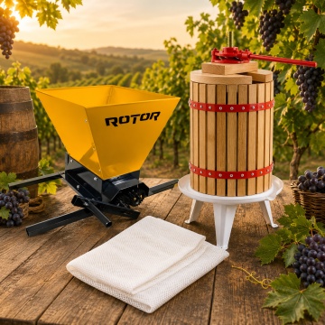 Pachet Zdrobitor Struguri 28 L 180Kg/h + Teasc 30L din Lemn masiv de Stejar si Baza de Fonta Emailata + Sac pentru Filtrare Cadou - Img 1