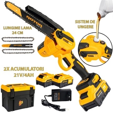Mini fierastrau de mana cu acumulator RMC218, lama de 24cm, 2 acumulatori, 2 lanturi, sistem de ungere lant, 21V/4Ah, geanta de transport