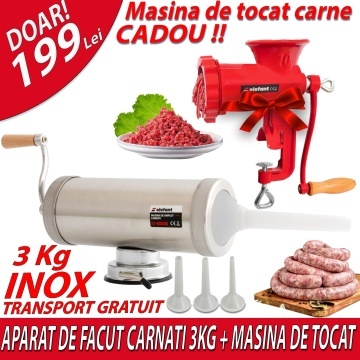 Pachet Premium: Aparat de facut carnati orizontal 3kg INOX, Elefant KY-2005S + Cadou Masina de tocat carne din fonta TB-2, 30-40 Kg/h