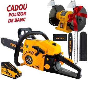 Pachet Promo: Drujbă pe Benzină 4CP Rotor, 10500 rpm, Ungere Lant Automata + CADOU Polizor de banc Rotor RMD150