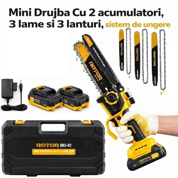MEGA PACHET: Mini Drujba de mana cu 2 acumulatori, 3 x lame, 3 x lanturi si SISTEM DE UNGERE lant, 21V, geanta de transport inclusa