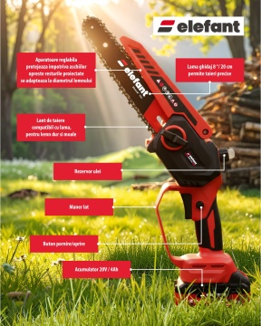 Mini fierăstrău cu lanț și acumulator ELEFANT EBS-104, 20V / 4Ah, Brushless - Img 5