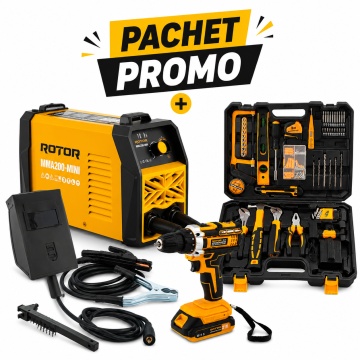 Pachet Promo: Aparat de sudura LCD Color ROTOR MMA200-MIN, 200 A + CADOU Autofiletantă ROTOR Cu acumultor inclus de 21V cu 18+1 trepte + Trusă Completă de Scule și Accesorii