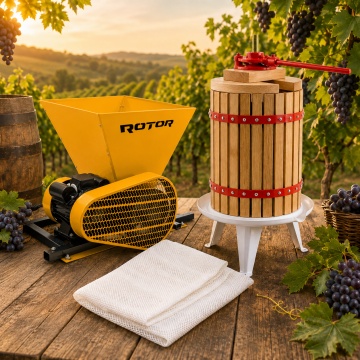 Zdrobitor Struguri Electric ROTOR HGP-60, 750W, cuva 28L, 550 kg/h + Teasc 18L din Lemn de Stejar si Baza de Fonta Emailata + Sac pentru Filtrare Cadou