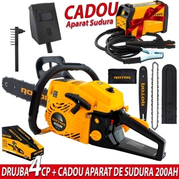 Pachet Promo: Drujbă pe Benzină 4CP Rotor, 10500 rpm, Ungere Lant Automata + CADOU Aparat de Sudură Rotor 200A, cu afisaj digital si functie anti-lipire.