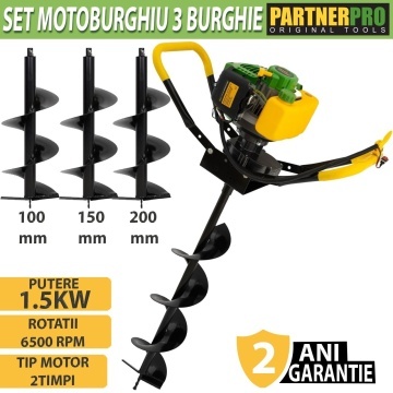 Set Motoburghiu (Foreza Pamant ) pe benzina, PartnerPro PPE1500 cu 3 burghie incluse – 100, 150 și 200 mm, lungime 80 cm, 1.5 kW