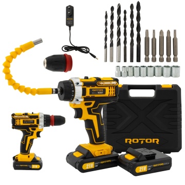 Autofiletanta RCD21 cu 27 de accesorii, 2 acumulatori 21V, trusa de depozitare si transport, 1350 RPM, Motor Brushless