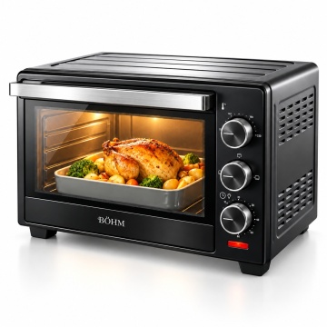 Cuptor Electric 60 L BÖHM BC60B3-L, 2000 W, 100–230°C, Timer, Interior emailat, 62×38×37 cm, Bec Interior, Tava Inox, 5 moduri de incalzire + convecție