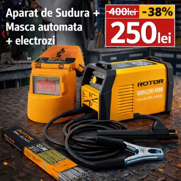 Mega Pachet: Aparat de sudura LCD Color ROTOR MMA200-MINI, 200 A + Masca de Sudura Automata + Electrozi