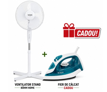 MEGA PACHET: Ventilator de podea 16" BÖHM HOME BFD-40A, 3 trepte de viteză + CADOU Fier de calcat cu abur BÖHM Home BIC-1801BW, 1800W, rezervor 170 ml, talpa ceramica