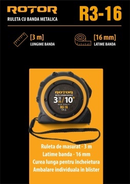 Ruletă 3m x 16mm ROTOR R3-16, Curea de mână, Auto-blocare - Img 2