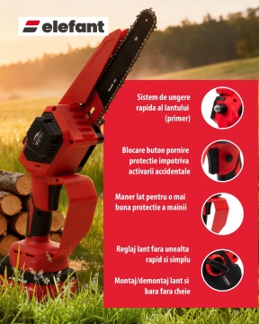 Mini fierăstrău cu lanț și acumulator ELEFANT EBS-104, 20V / 4Ah, Brushless - Img 6