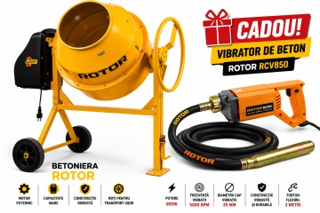 PACHET: Betonieră 165L cu motor acoperit ROTOR RB165 900 W, 29.5 rpm + CADOU Vibrator Beton 850W cu lance 1.5m inclusa